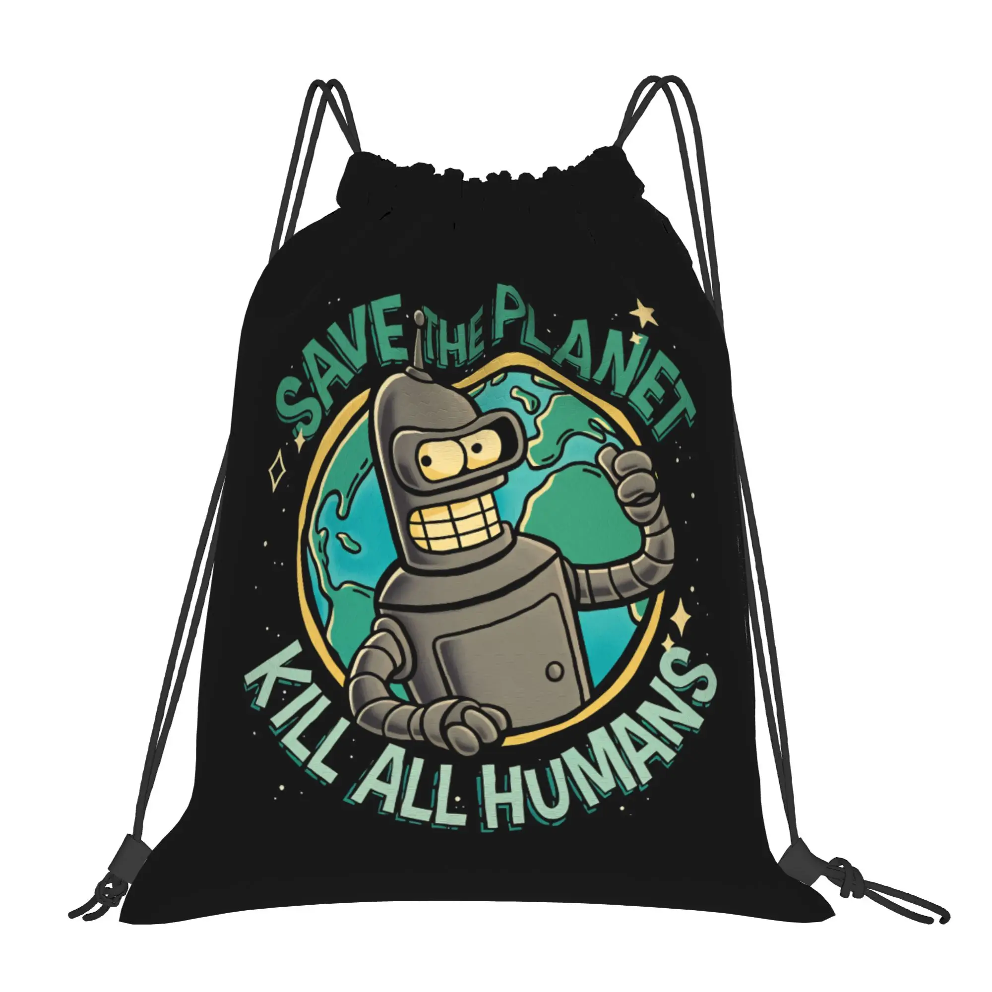 Save The Planet Drawstring Bag Robot Graphic  Portable Minimalist Backpack Football Gym Sackpack String Bags For Couple