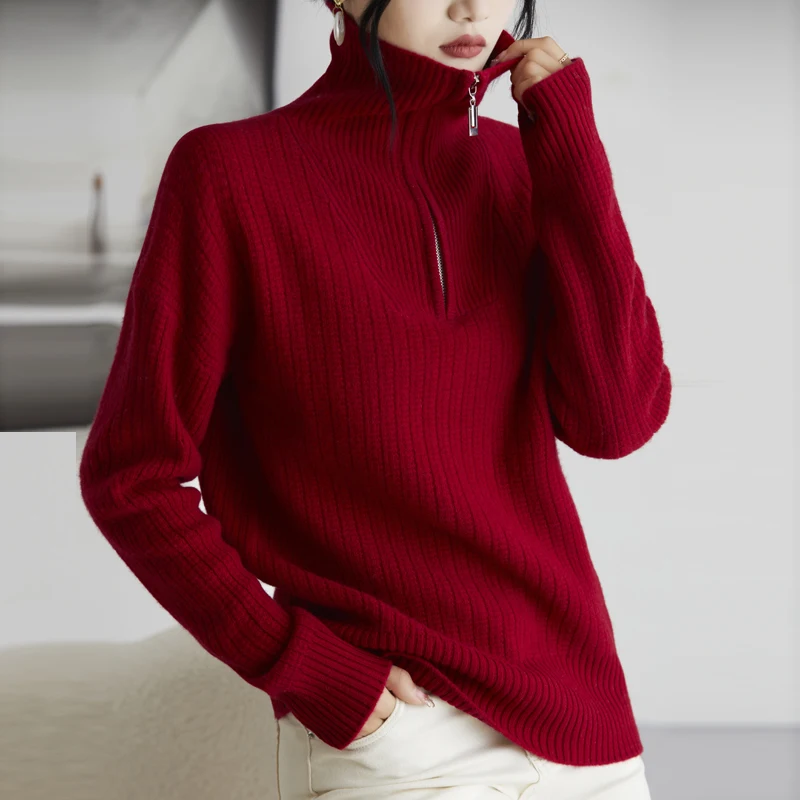 Women's sweater autumn/winter new 100% pure wool sweater casual knitted Tops stand collar pullover loose thick Blouse zipper