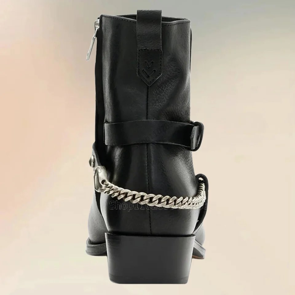 Schwarz Metall kette Gürtel Verschluss Dekor Mitte Wade Stiefel Mode Seite Reiß verschluss Männer Stiefel Luxus handgemachte Party Büro Männer Kleid Schuhe