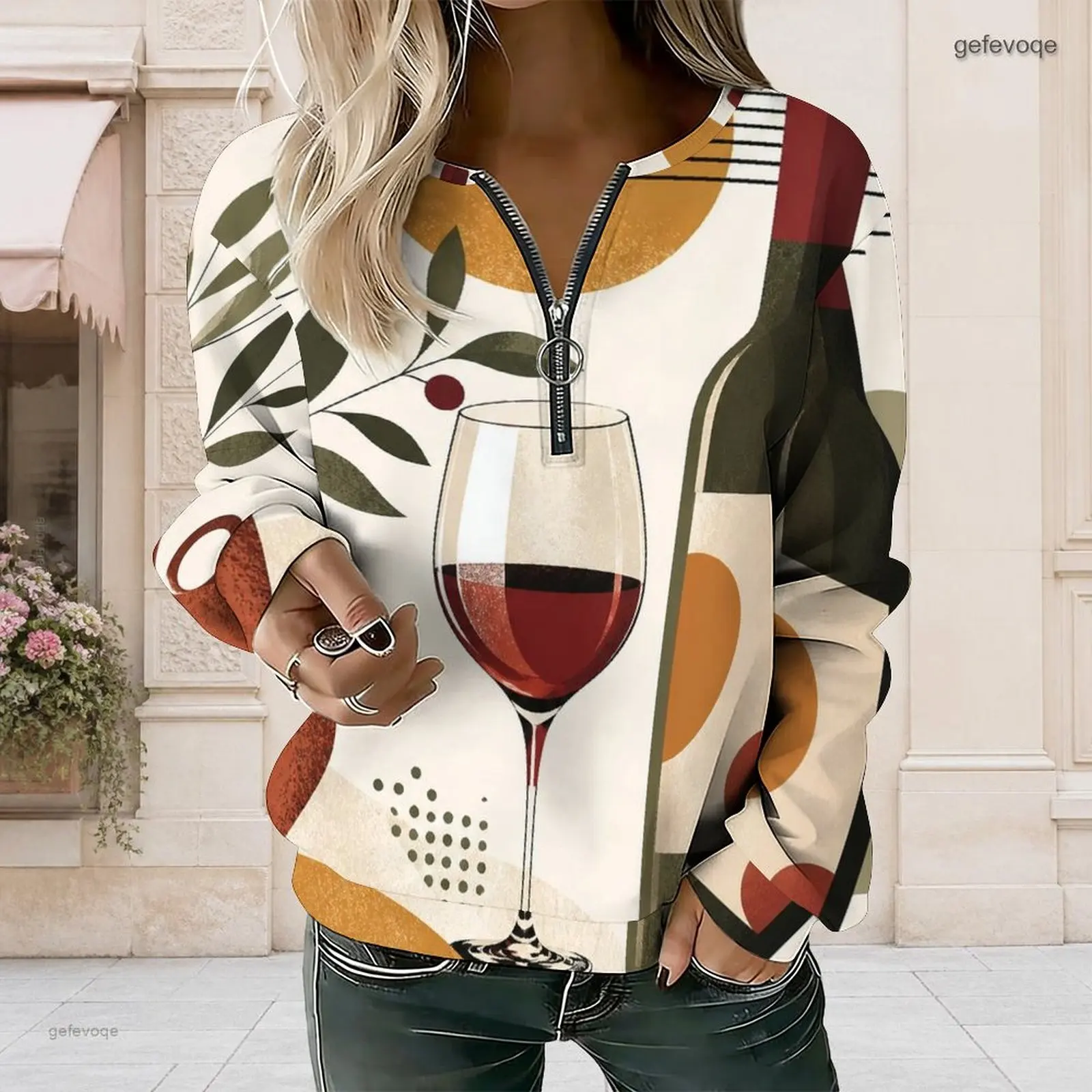 Printed Sweatshirt for Women V Neck Front Zip Long Sleeve Ribbed Cuffs
