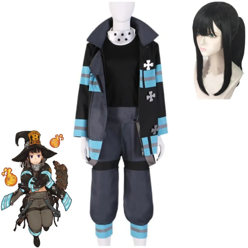 

Anime Fire Force Maki Oze Cosplay Costume Wig Enn No Shouboutai Outfit Hallowen Carnival Party Team Uniform Suit