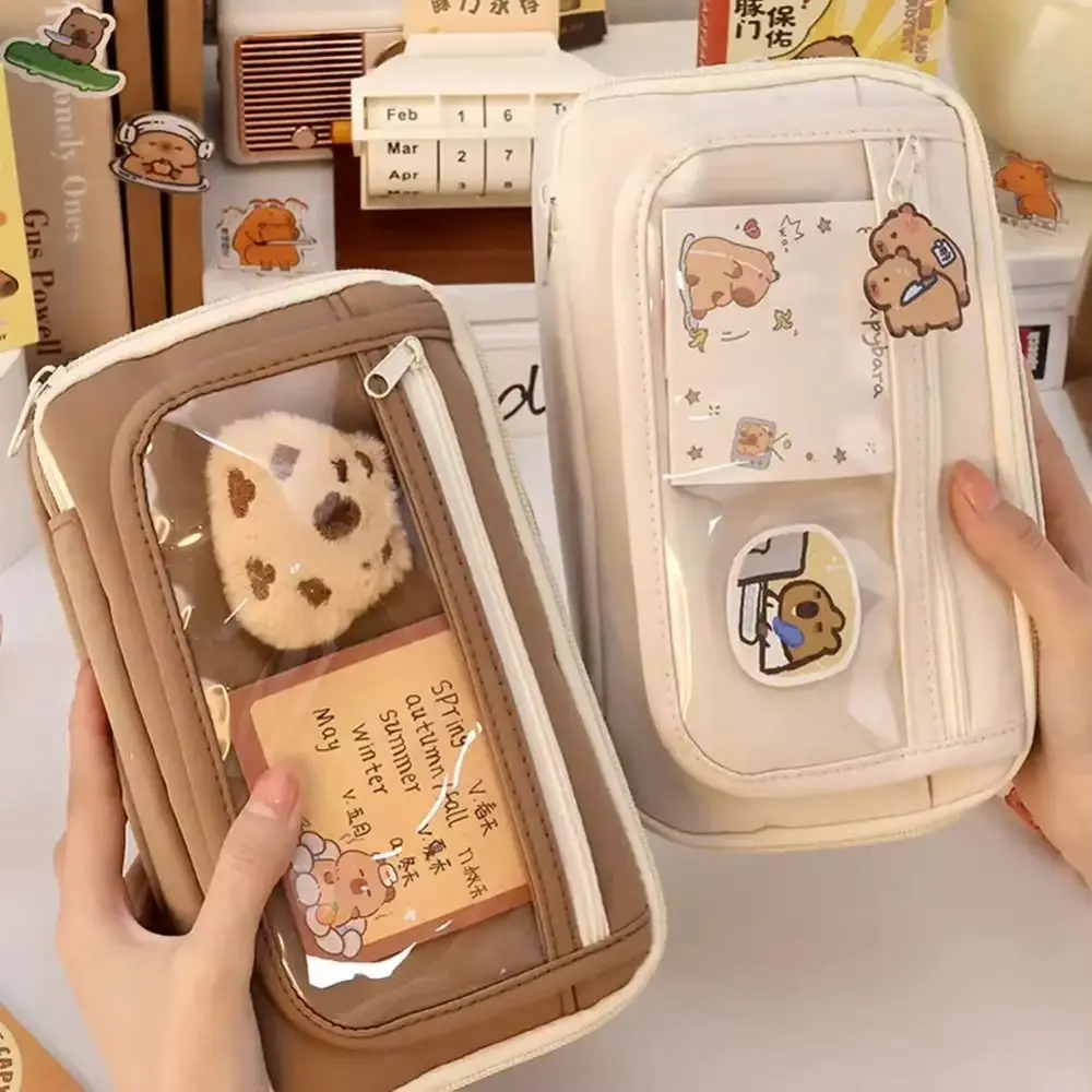 Estuche de lápices transparente Capybara de gran capacidad con bolsillo frontal, estuche transparente para bolígrafos, caja de papelería con cremallera multifuncional