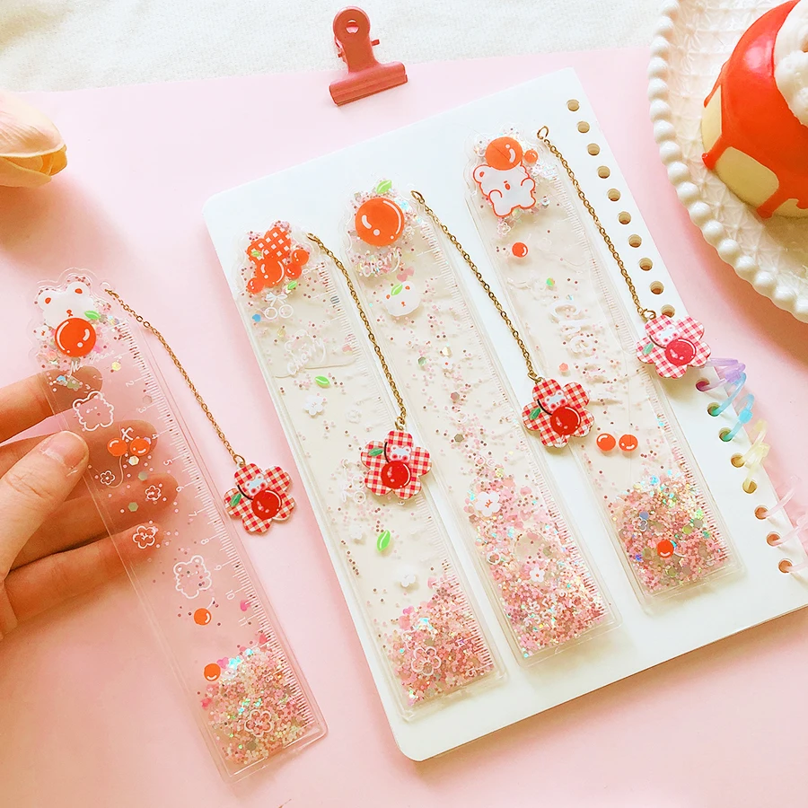 Imagem -03 - Cute Cherry Drawing Quicksand Régua Material Escolar Gadgets de Escritório Papelaria Estética Acessórios Bookmark Coisas Fofas