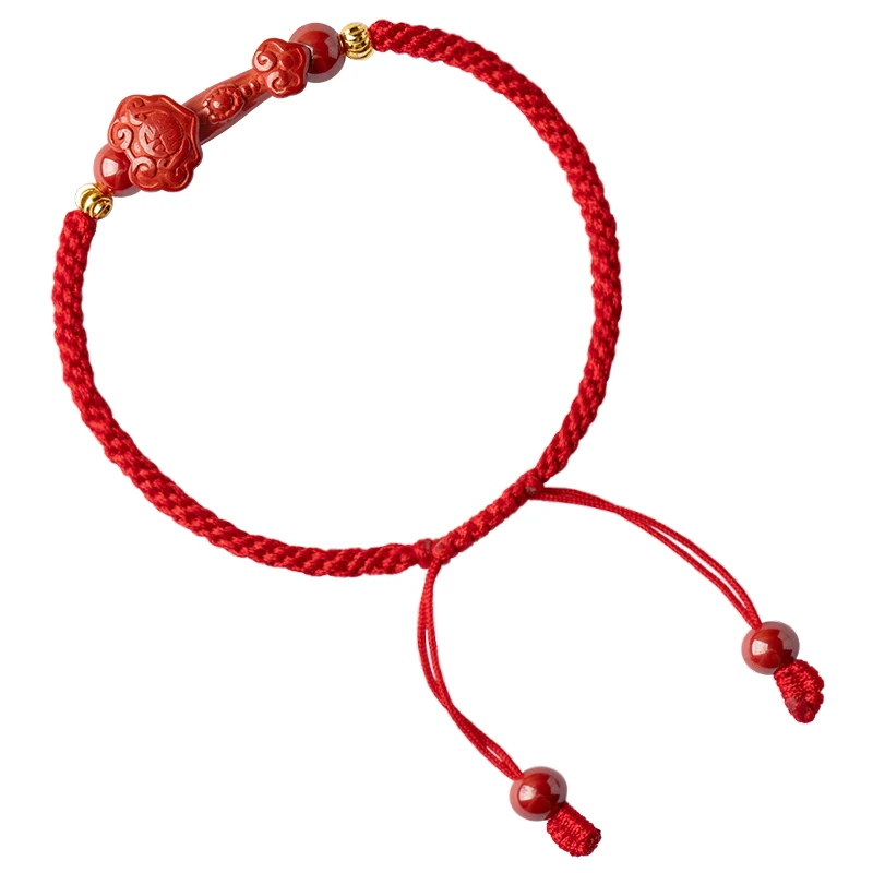 High Quality Natural Cinnabar Auspicious Ruyi Carving Hand Weave Lucky Red Rope Bracelets Buddha Cinnabar Charm Bracelet Bangle