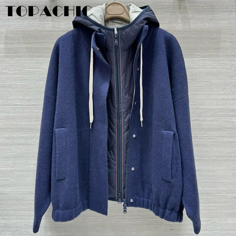 9.1 TOPACHIC-Women Casual Stand Collar Drawstring Double Pocket Elastic Hem Design Cashmere Wool Knit Zipper Cardigan With Vest