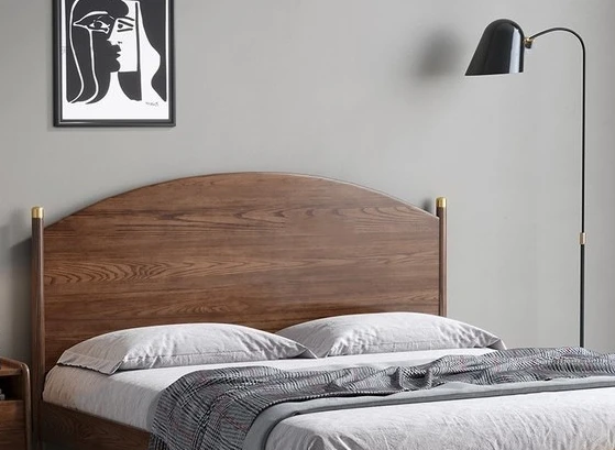 Nordic all solid wood ash wood bed, modern simple light luxury, walnut color, double bed