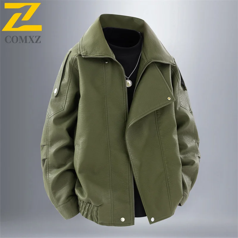 COMXZ Autumn PU Leather Coat Men Classic Lapel Camping Comfort Jacket Casual Hiking Windproof Multi Function Autumn Clothing
