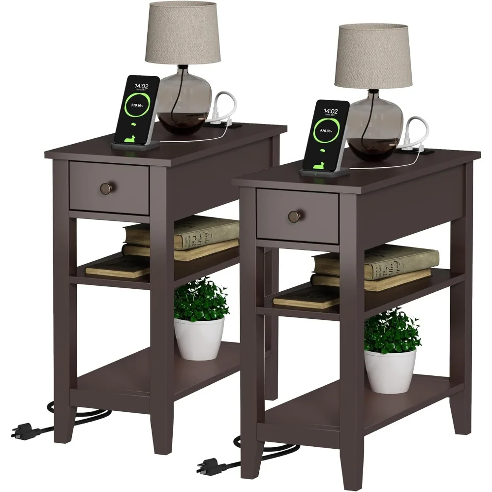 

narrow end table set of 2,side table living room with usb ports & power outlets and hidden drawer, 3-tier skinny nightstand wit