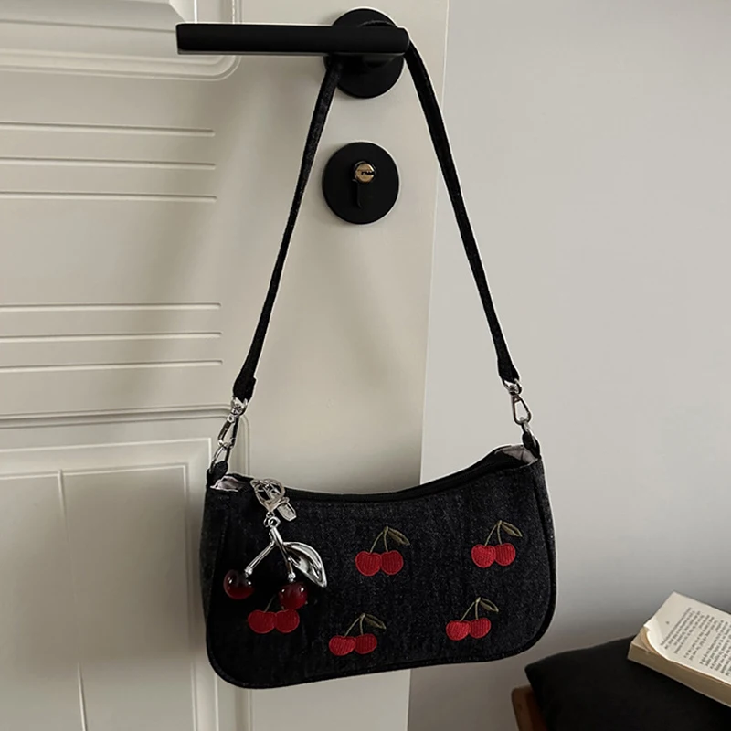 Korean Cherry Embroidered  Shoulder Bag Sweet Women Dating Hobo Handbag With Pendant Y2k Retro Fashion Ladies Purse For Commuter