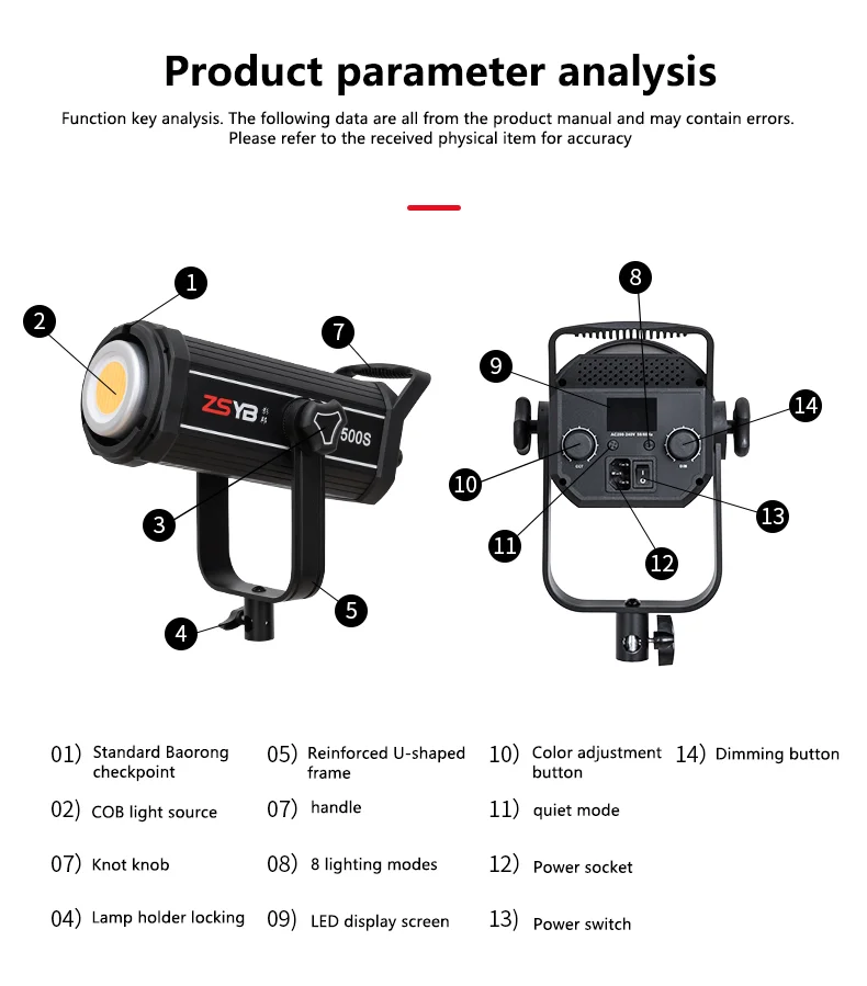 ZSYB 500W LED Photography Light 3200K-5600K Professional Photo Studio Spotlight Photography Studio Lamp for Camera Video Photo