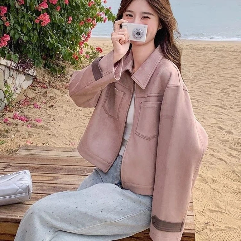 

2025 Autumn Women's Pink Suede Short Jacket Korean Fashion Sweet Edgy Design Casual Stylish Versatile Outerwear