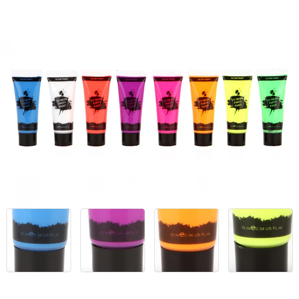 

8pcs 10Ml Fluorescent Body Luminous Face Paint Uv Reactive Washable Long Lasting For Party Club Rave Events Kids Safe