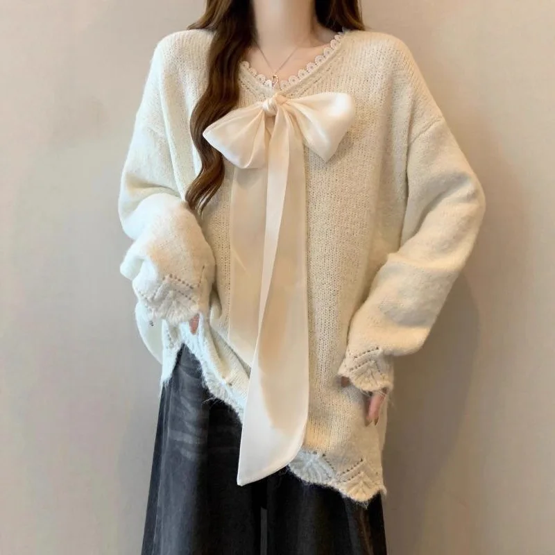 

Loose Lace Splice Knitted Sweater Knot plus Size Korean Sle Women's Top Mid-Thi Winter Faion from China