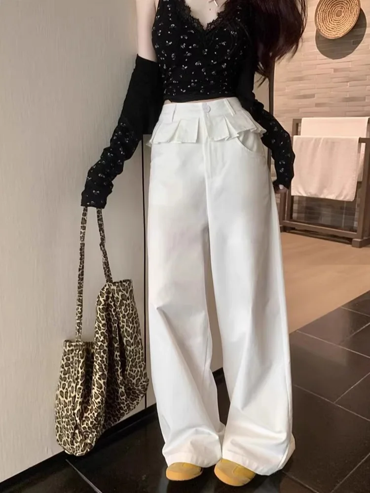 

Women's Loose Wide Leg Floor Length Trousers White Color Spring Fashion Design High Waist Straight Leg Casual Pants