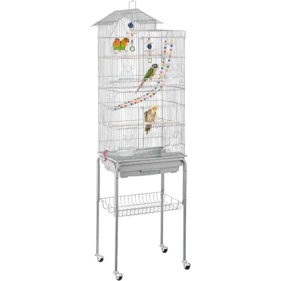 

Metal Roof Top Bird Cage with Wrought Iron Design and Detachable Stand for Medium and Small Parrots Parakeets Budgies Cockatiel