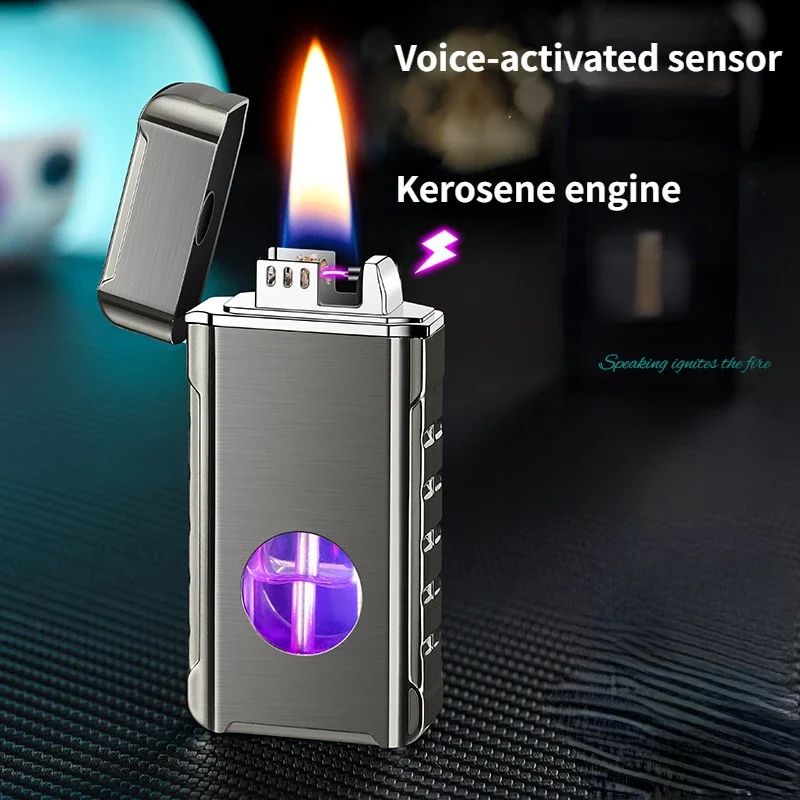 2025Smart Windproof Kerosene Voice-controlled Lighter Oil-electric Hybrid Four-way Induction Ignition Type-C Charging Men's Gift