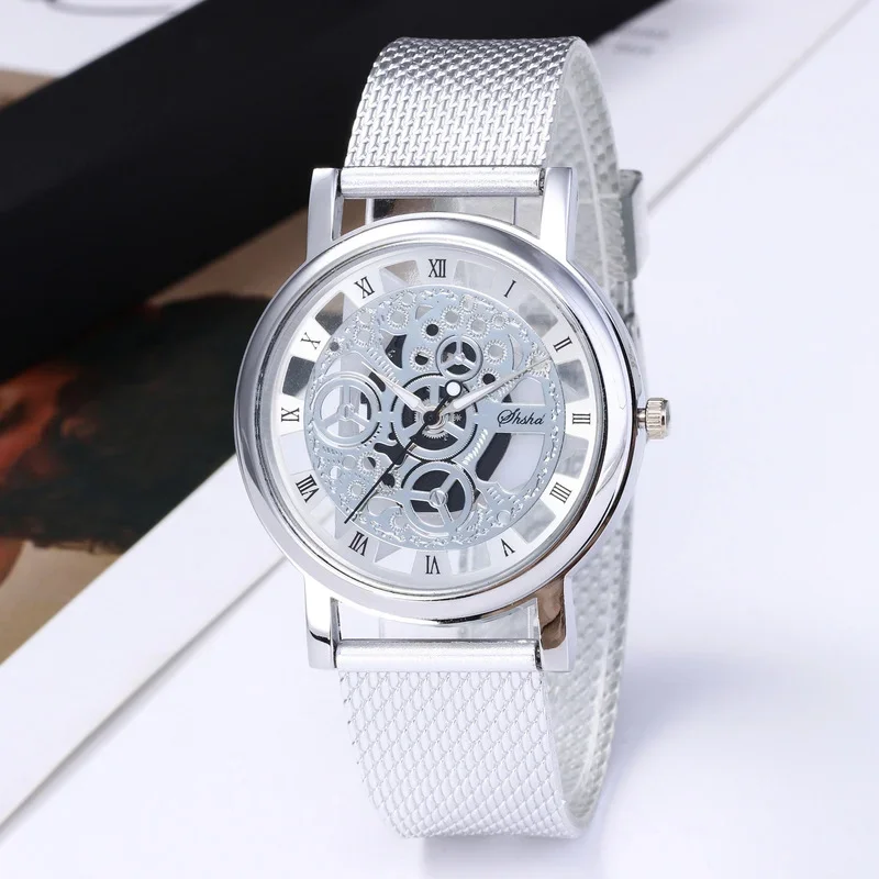 Reloj informal de moda para hombre y mujer, Correa hueca, sin expresión mecánica, modelo de mesa para pareja