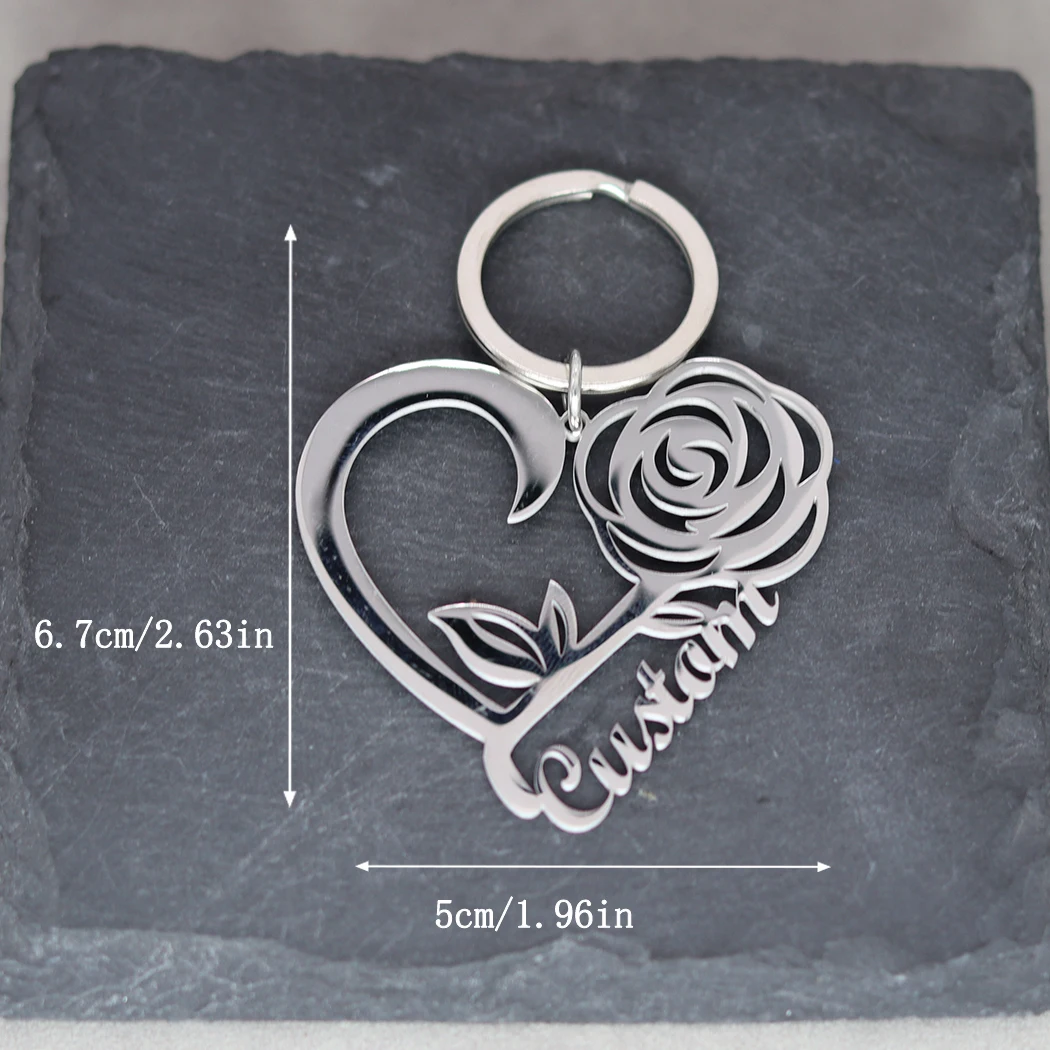 Heart of Rose Personalized Pendant Custom Engrave Name Keychain Men Women Keyring Gift Stainless Steel Jewelry