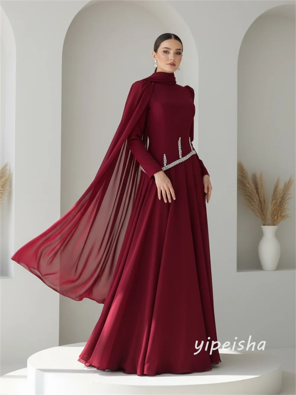 Personalizado estilo moderno Jersey formal Rhinestone plisado acanalado A-line cuello alto vestidos largos vestidos de noche tamaños disponibles