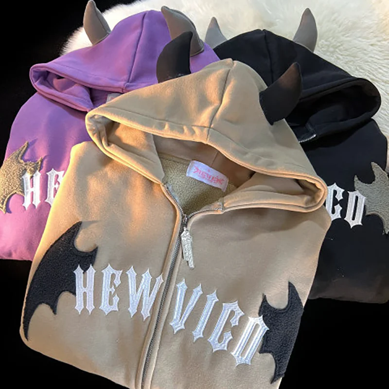 2023 Letter Print New Hoodies Long-Sleeved Loose Hooded Top Y2k Pullover Vintage Aesthetic Devil Embroiderey Women Sweatshirts