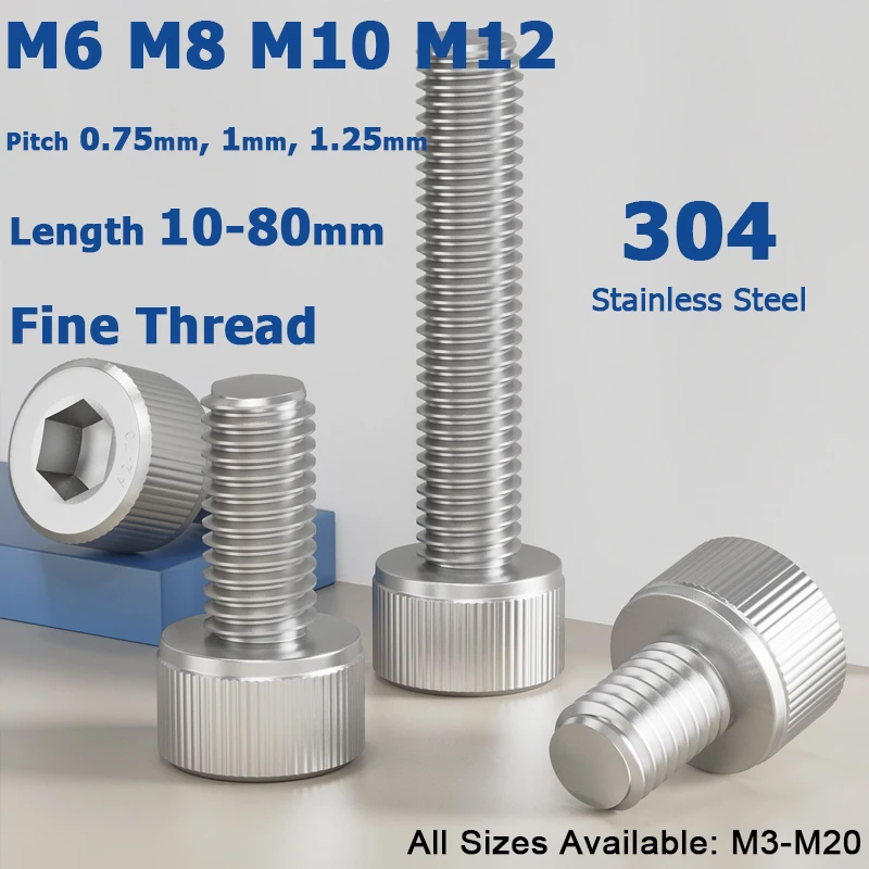 Stainless Steel Fine Thread Hex Socket Cap Head Bolts Fully Threaded Cylindrical Cheese Head Allen Screw M6‑M12 Pitch 0.75-1.5mm
