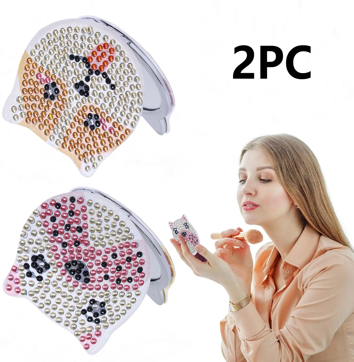 2 Sätze DIY-Diamant-Malerei-Sets, Spiegel mit künstlerischem Welpenmuster aus PU-Leder, tragbarer Reise-Make-up-Spiegel
