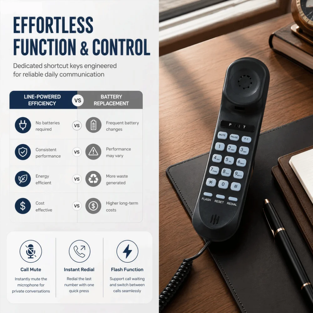 Large Buttons Corded Landline Phone Flash Mute Redial HD Sound Corded Desktop Phone Wall Mountable Design Black Color