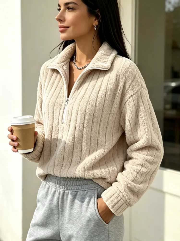 Damen-Fleece-Sweatshirt mit halbem Reißverschluss, gerippt, flauschig, Plüsch-Pullover, Reverskragen, lange Ärmel, lockerer Schnitt, lässiges Winter-Oberteil – Detail 5