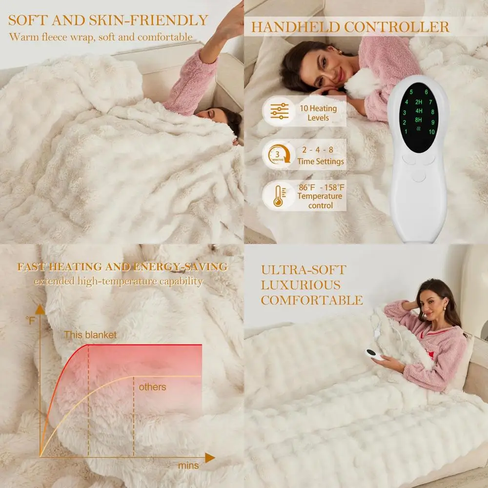 

51x63 White Plush Electric Blanket with 5 Heat Levels, Timer, and Digital Display - Machine Washable Faux Fur Throw