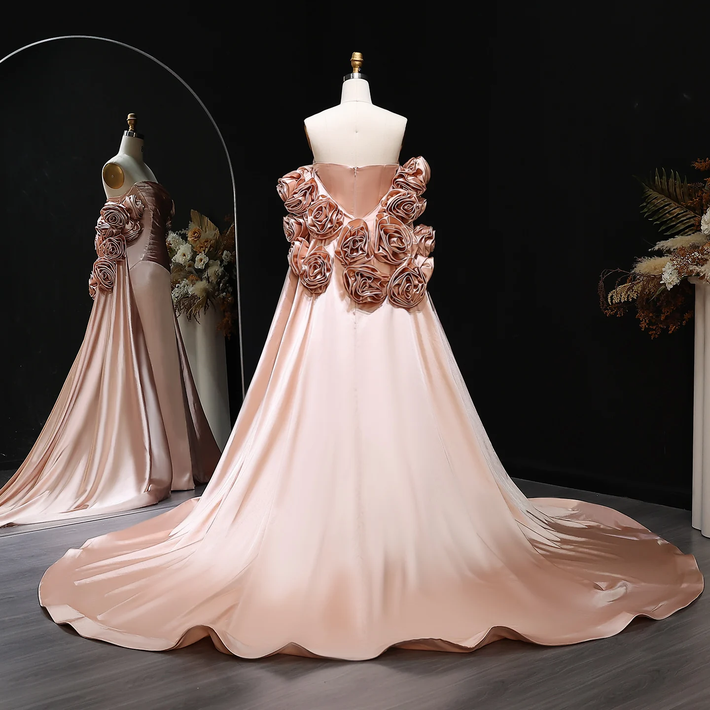 Personalizado elegante feminino vestidos de noite luxo 3d flores coluna plissados festa cetim querida até o chão baile para ocasiões