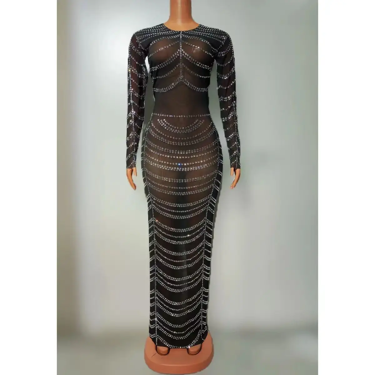 

Bar DJ Nightclub Female Singer Dancer Stage Costume Sexy Perspective Mesh Full Diamond Slim Skirt Dance Team Party Theme Show