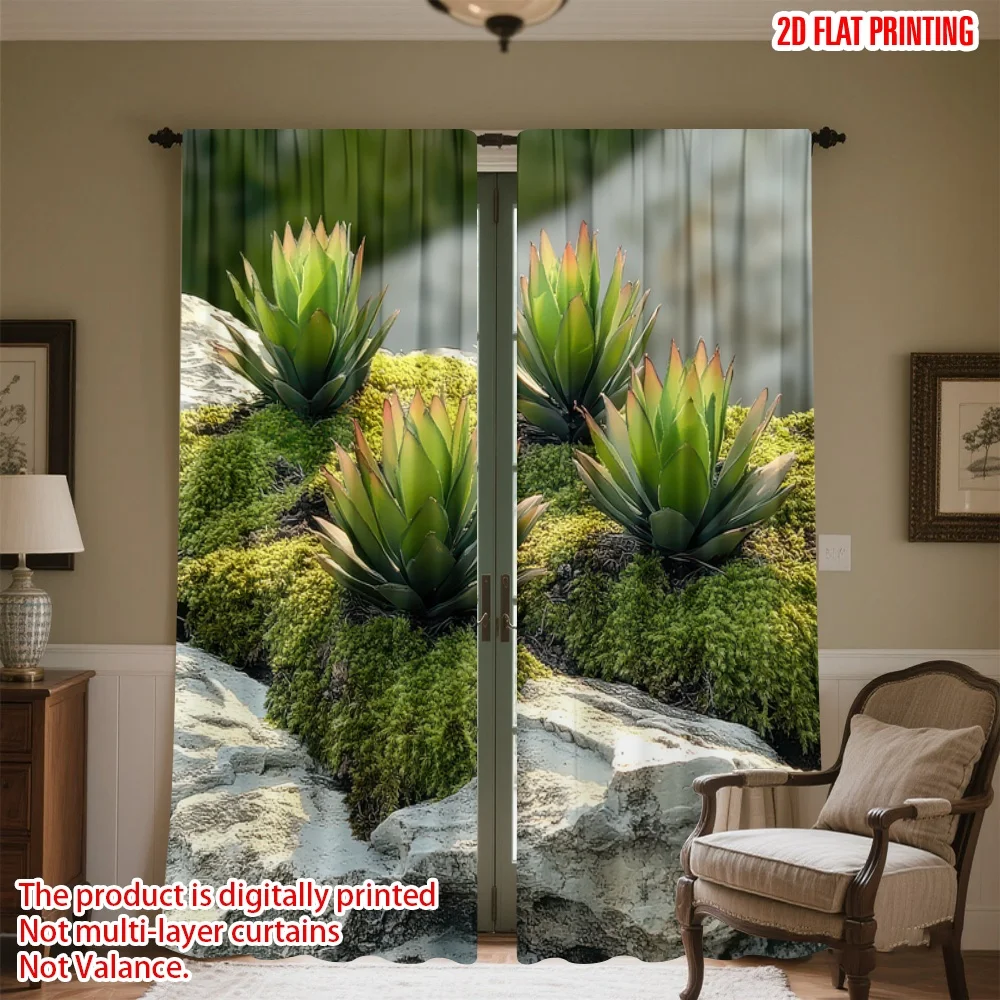 

2D flat printing 2pcs Curtains Succulents on Mossy Rocks Digital Printed Polyester Drapes Festive Wall Decor Perfect for Booths