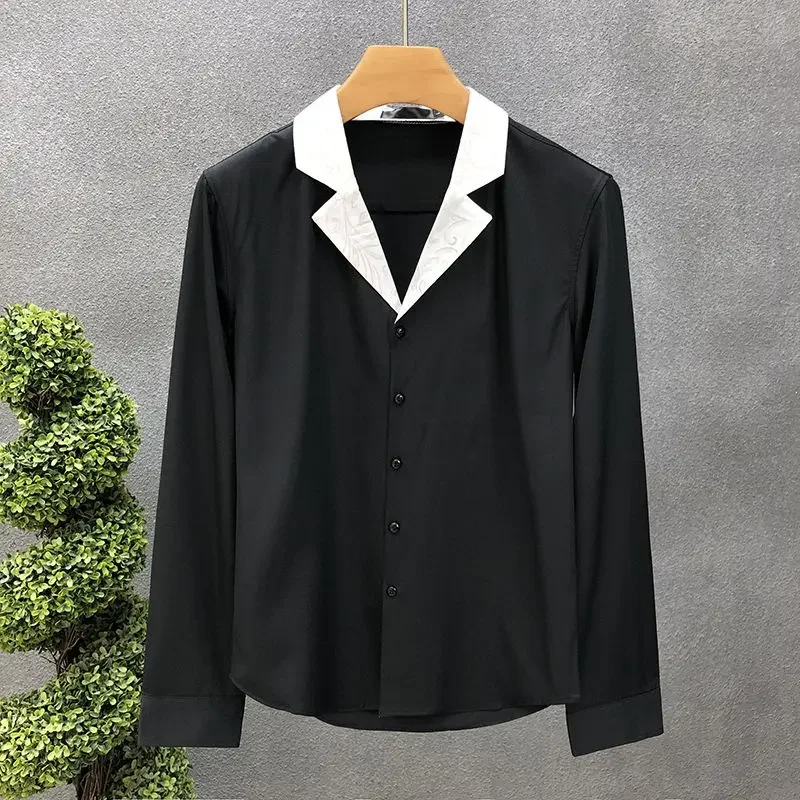 Korean Men's  New Collection Splicing Square Collar Button Fashion Solid Color Minimalist Casual Long Sleeve Shirts XQ730