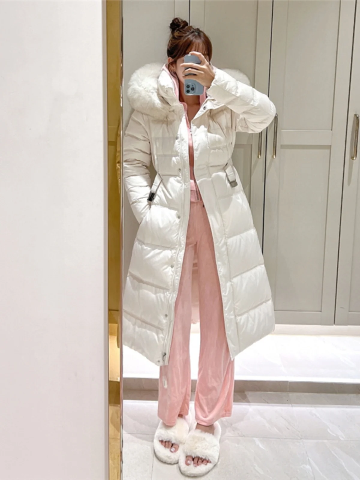 Korean Sle Long Thiened Women's down Jaet Winter Faionable over Knee Slim Fit Waist Inward Coat with Fur Collar