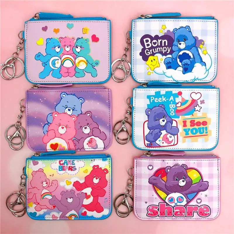 Kawaii Cute Care Bears Card Holder Zero Wallet Cartoon Pu Card Sleeve Chest Badge Cover Key Ring Student Bus Card Bag Girls Gift