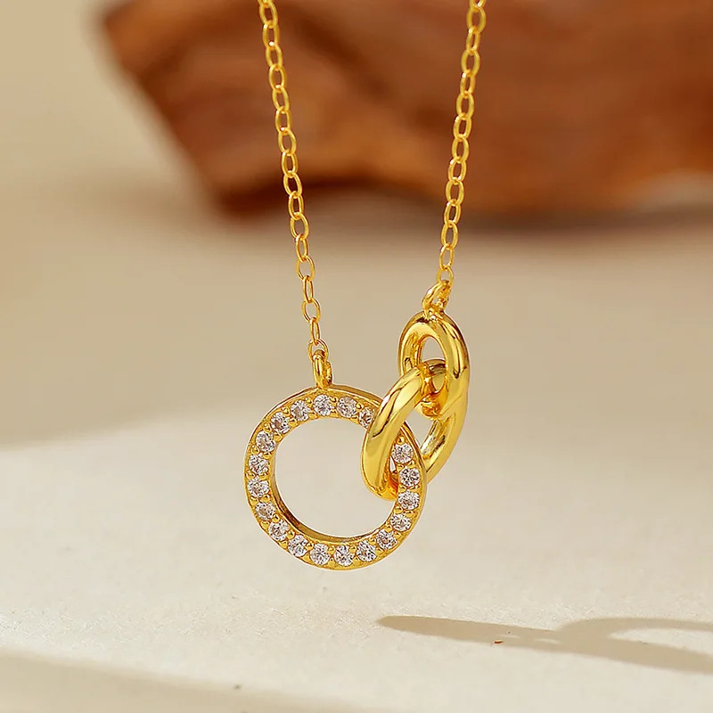 

S925 pure silver women's necklace gold-plated zircon round three ring European and American fashion jewelry party accessories