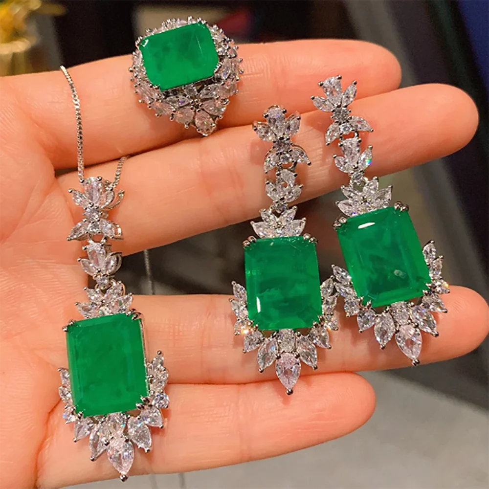 

New Arrival Emerald Gemstone Necklace Pendant Ring Drop Earrings Women's sets