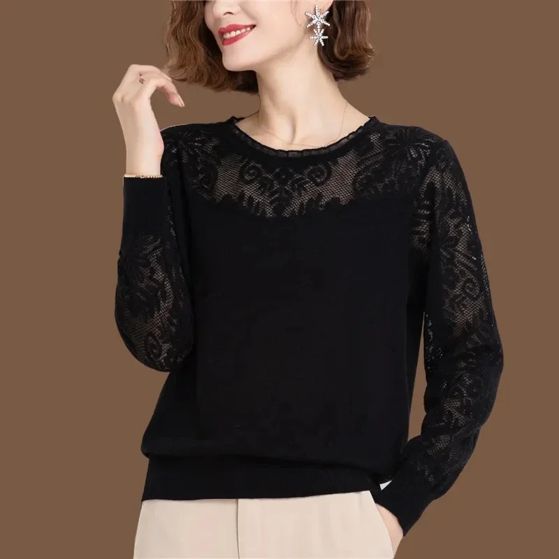 

Винтажная женская повседневная футболка большого размера, лоскутное кружево с длинным рукавом, свободный пуловер с круглым вырезом, однотонные модные женские весенне-осенние топы