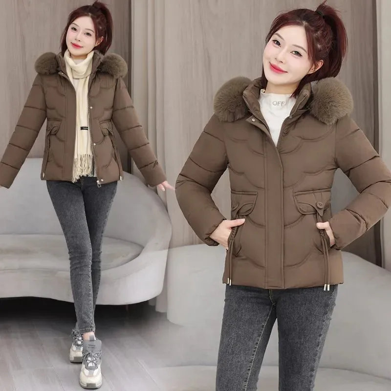 Nowy damski płaszcz slim fit z odpinanym futrzanym kołnierzem, kurtka z kapturem, bawełniana, średniej długości, krótka kurtka, zapinana na zamek, jednolity kolor, odzież wierzchnia damska.