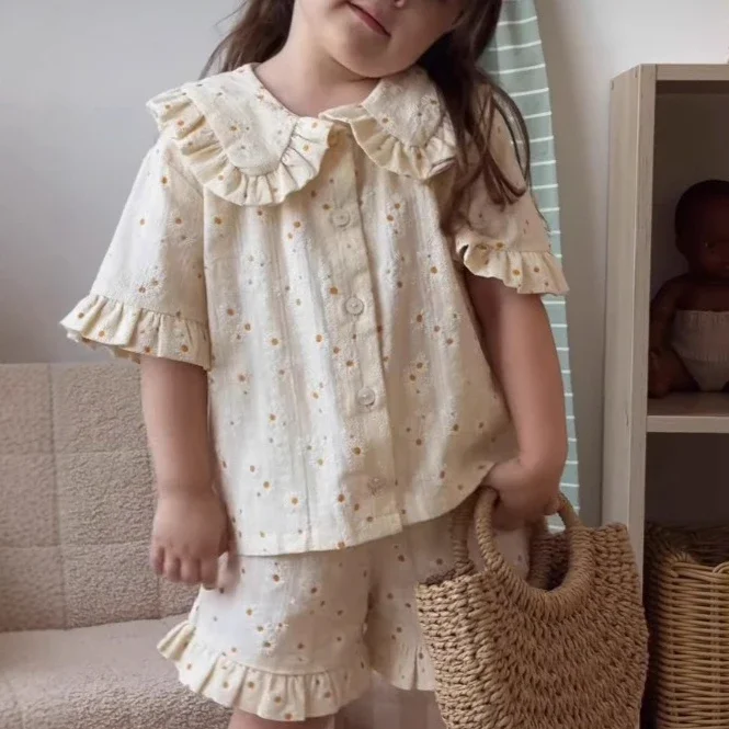 

Girls Suit 2025 Spring Summer New Childrens Clothing Girls Baby Fashion Cotton Flouncy Skirt Shirt Shorts Two Sets Simple
