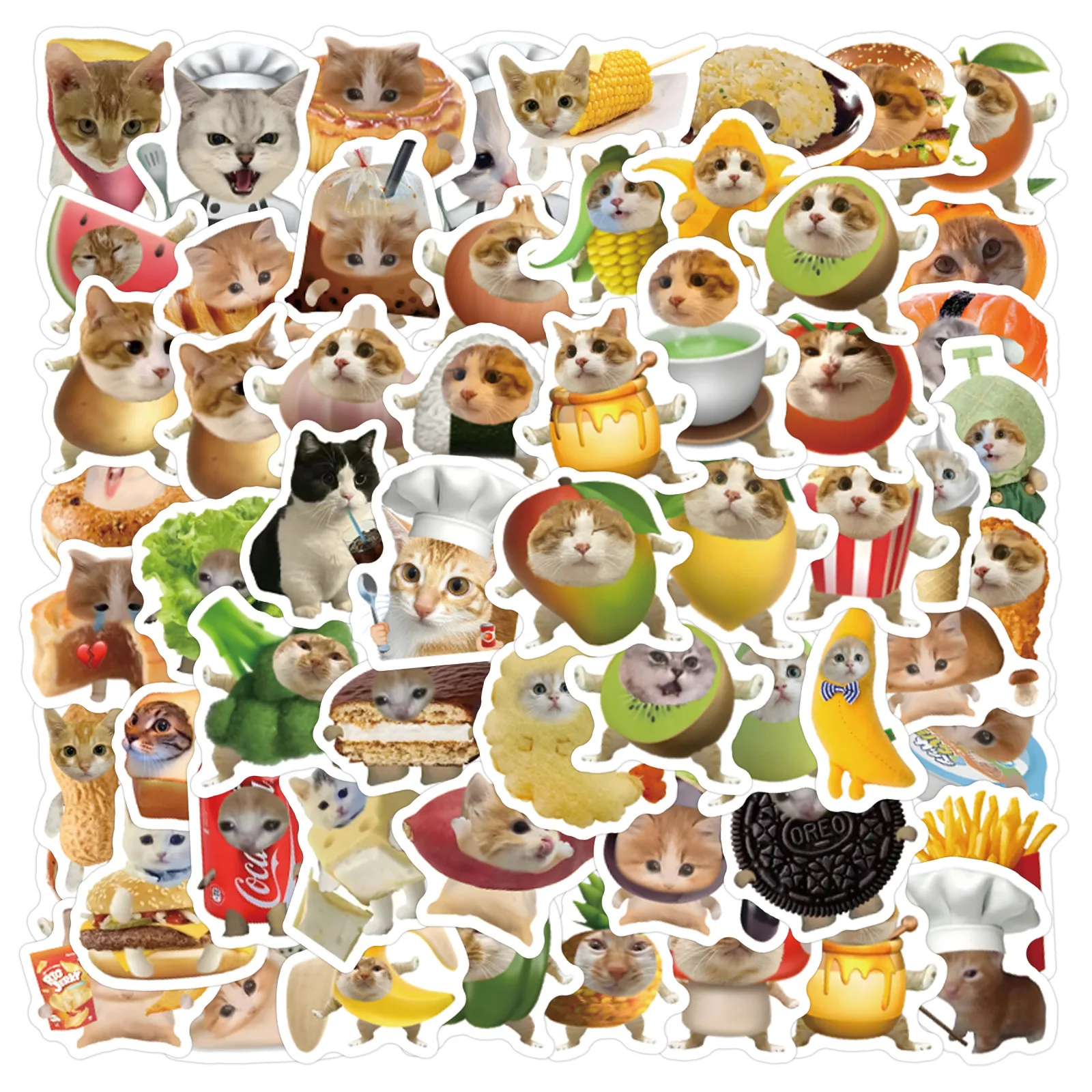 100Pcs Funny Food Cat Cat Doodle Stickers Small Size DIY Phone Luggage Laptop Helmet Waterproof Decals