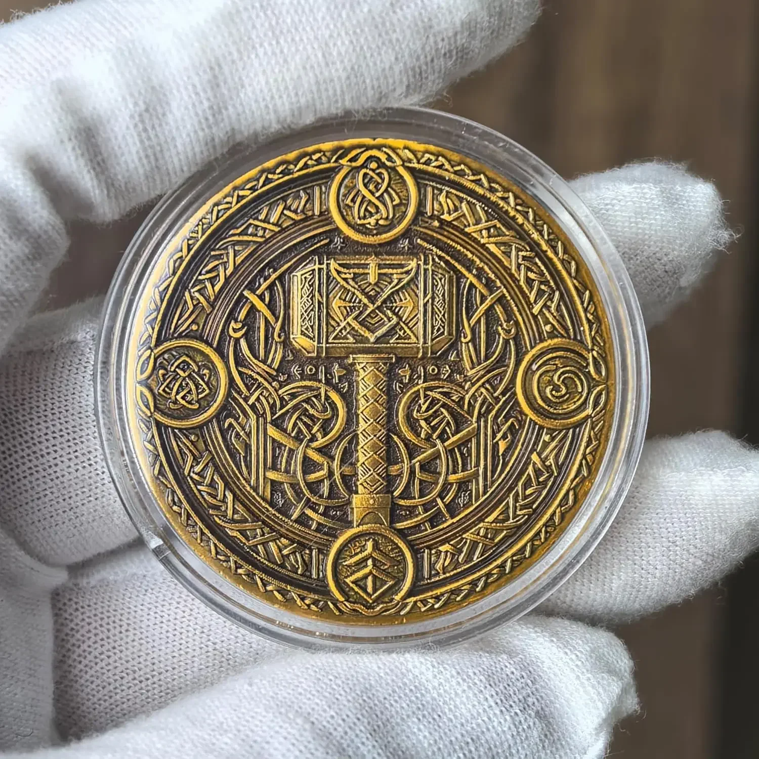 Viking Warrior and Mjölnir Challenge Coin - Intricate Norse Mythology Design with Runic Inscriptions ﻿