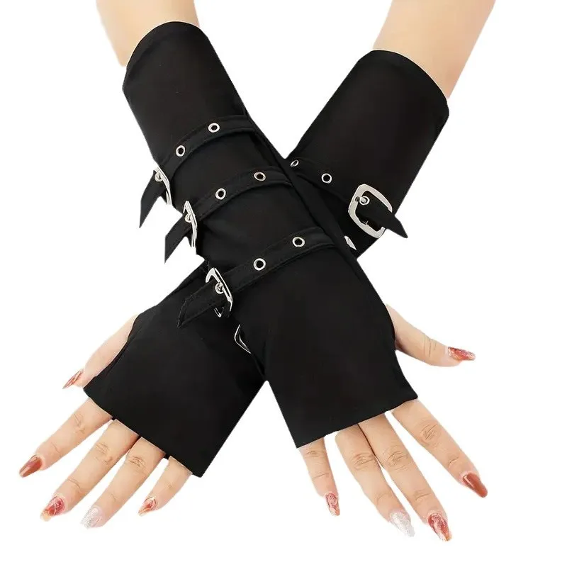 Rękawiczki bez palców w stylu gothic metal z guzikami dla kobiet i mężczyzn, modne, z charakterem, lolita, cosplay, czarne, do występów, taniec uliczny.