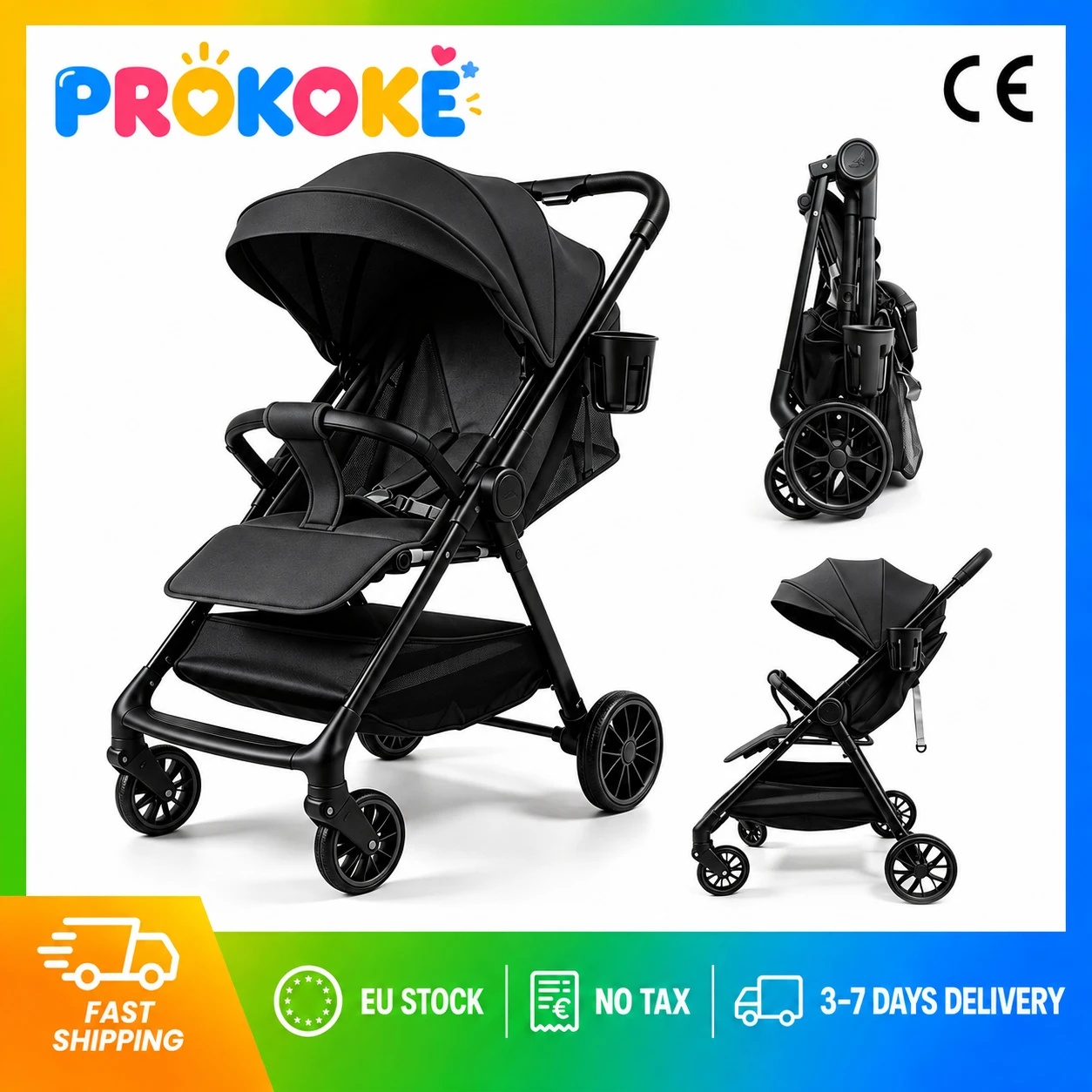 Poussette 2 en 1 pour bébé avec siège inclinable réglable, poussette pliable, fonction assis et couché, harnais de sécurité à cinq points, roues à suspension amortissantes, roue avant pivotante à 360°, grand panier de rangement, poussette pour nourrissons et jeunes enfants.