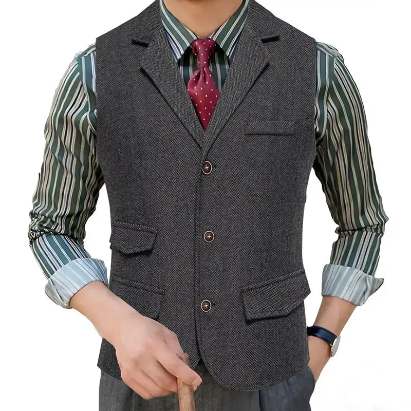 

Men's British Casual Vintage Lapel Vest Multi-Pockets Fashion Herringbone Coarse Tweed Gentleman Leisure Party Suit Vest