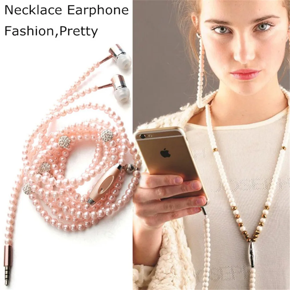 Rhinestone Jewelry Pearl Necklace Earphones With Microphone Earbuds Girlish Fashion Ear Pieces For Iphone Xiaomi Brithday Gift