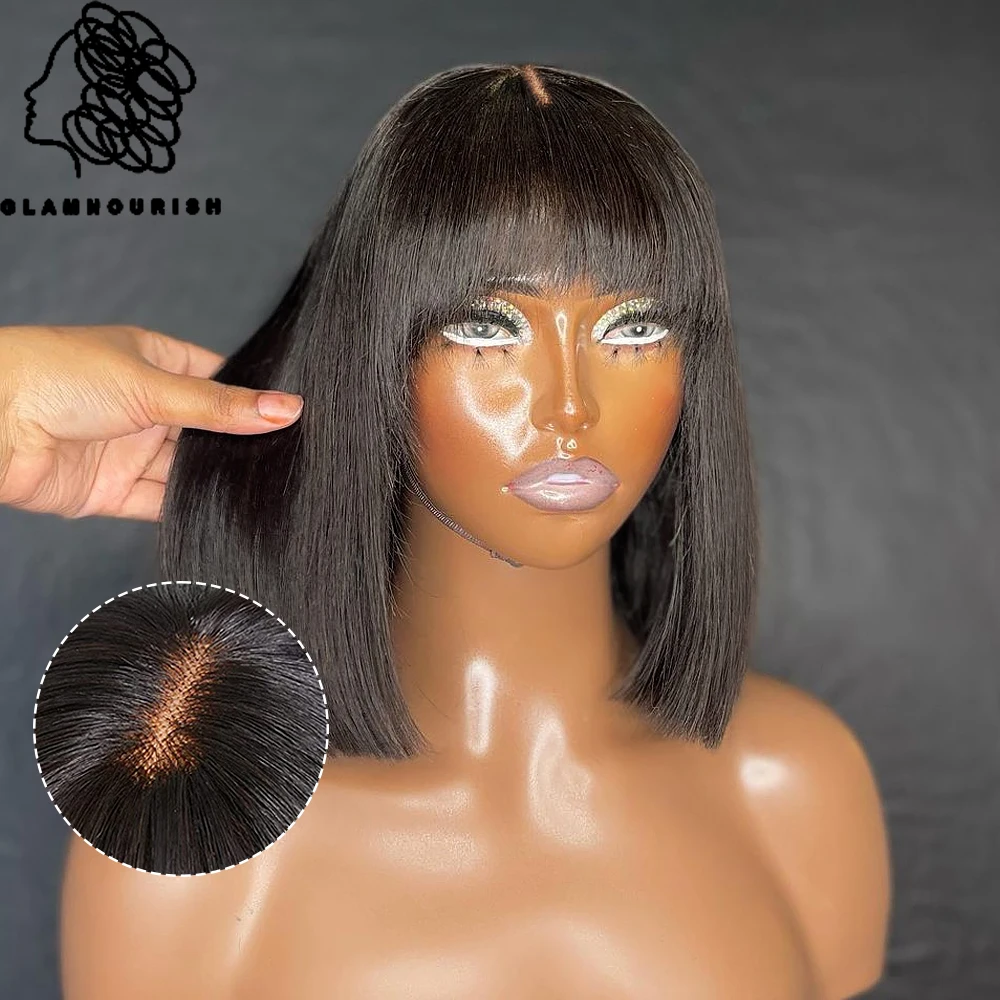 

Realistic Look Fake Scalp Glueless Wigs Short Straight Bob Wigs With Bangs 100% Brazilian Virgin Human Hair for Black Women