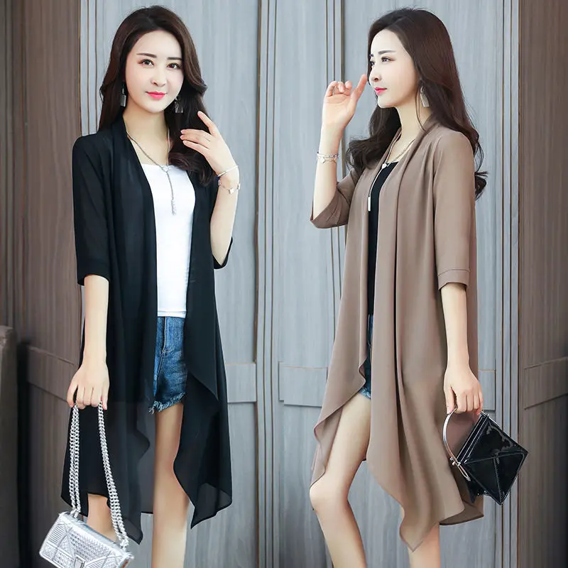 Spring Summer Shawl Collar Chiffon Outerwear Women's Mid-Length Lightweight Sun Protection Cardigan Single Piece Commute Style