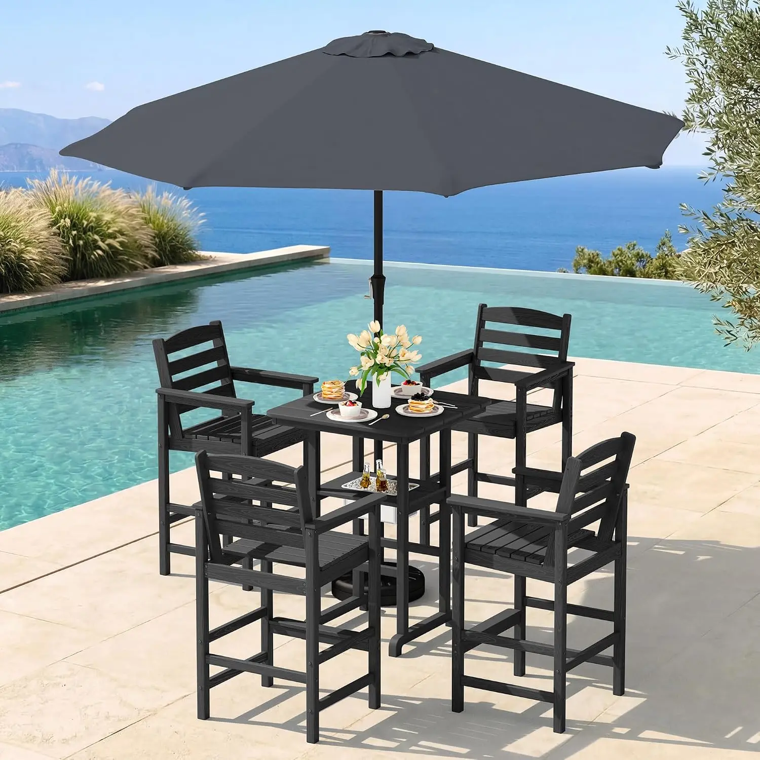 6 Pieces Outdoor Bar Chairs Table with Ice Bucket Set, Black, Custom
