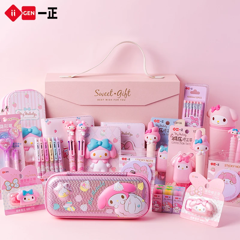 Sanrio Portable Stationery Set Gift Box Cute My Melody Pencil Case Gel Pen Memo Pad Eraser Notebook Kids Girl School Supplies